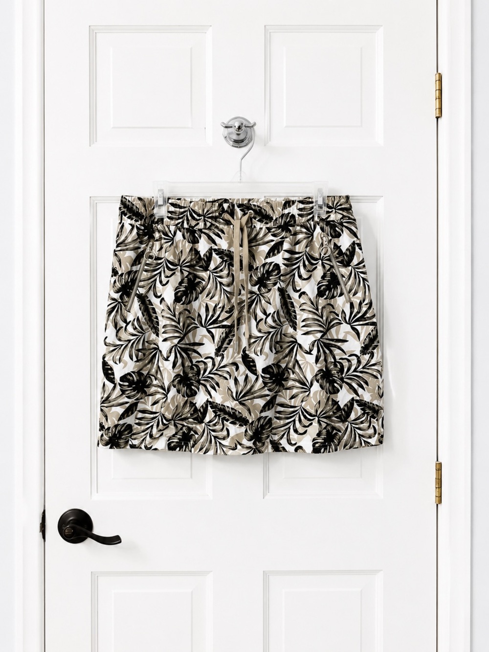 Tropical Leaf Print Drawstring Skirt - Neutral Tones